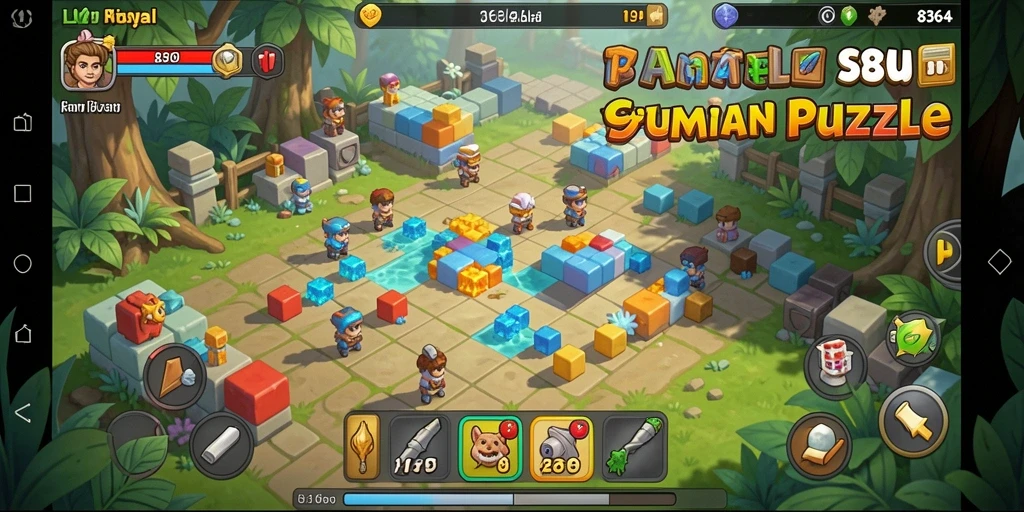 Screenshot menunjukkan gameplay menantang dalam 8364, penuh warna dan menarik.