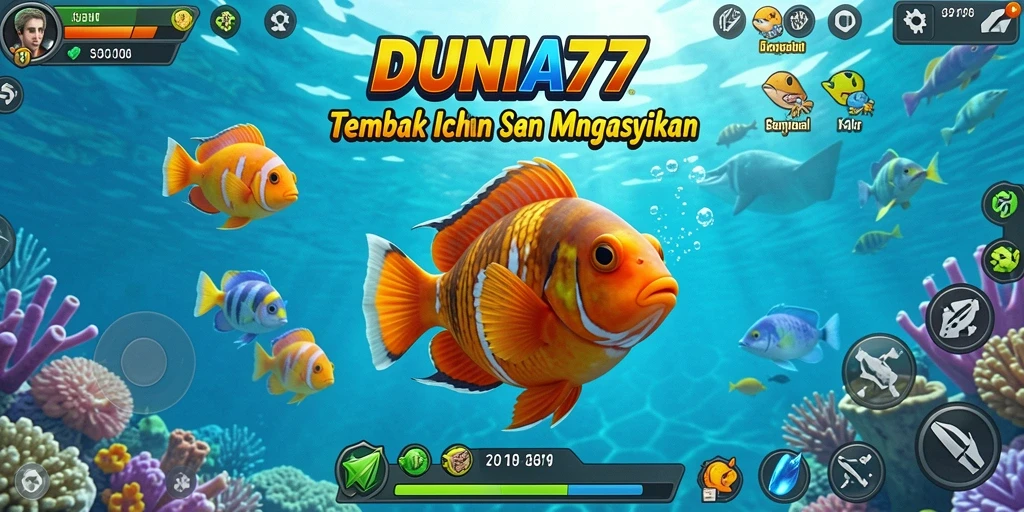 Screenshot gameplay DUNIA77 yang menunjukkan aksi tembak ikan yang seru.