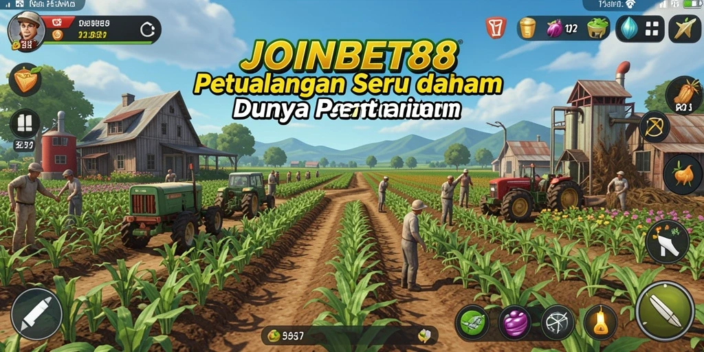 Tangkapan layar gameplay JOINBET88 menampilkan ladang yang subur dan interaksi petani.