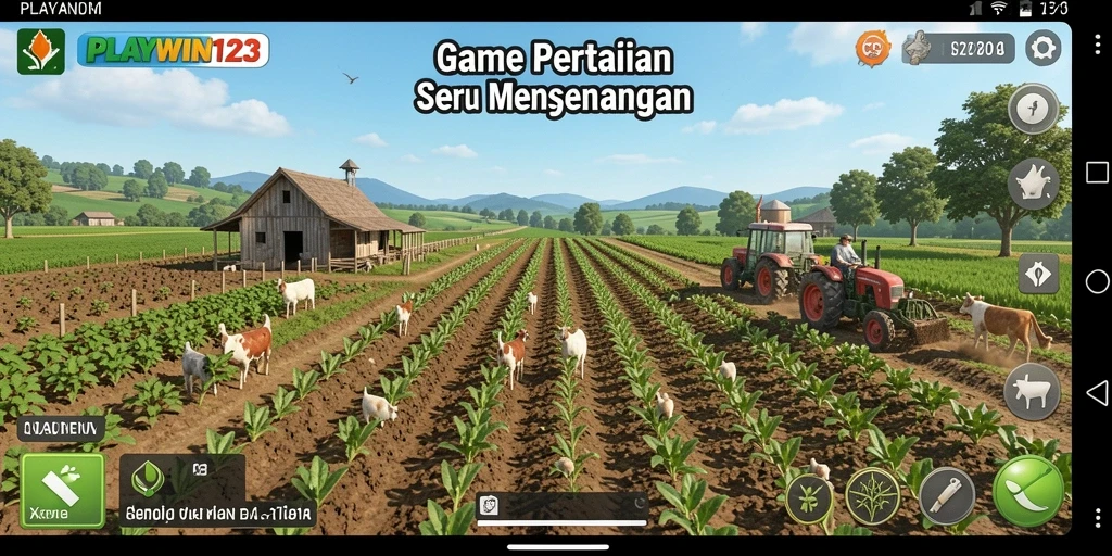 Tangkapan layar dari gameplay <strong>PLAYWIN123</strong> menunjukkan aktivitas bertani yang seru.
