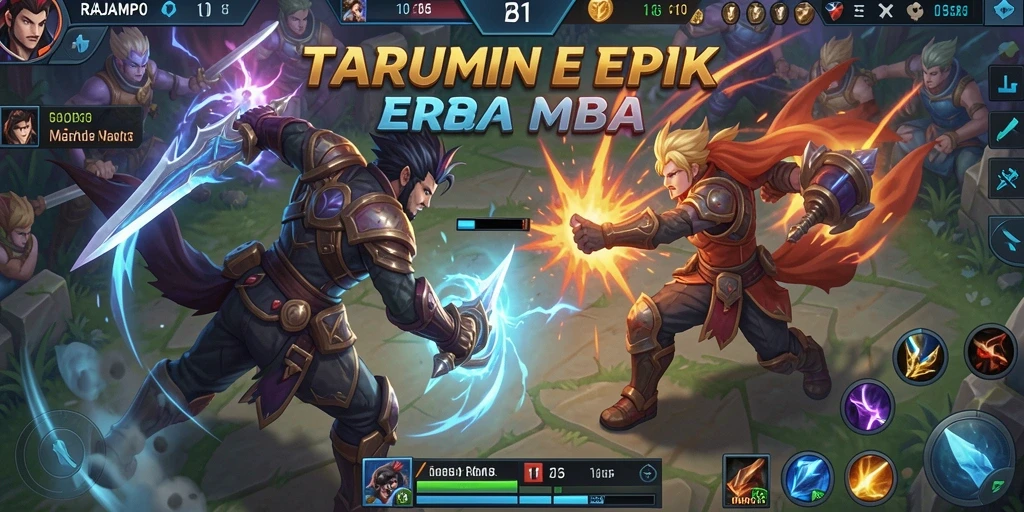 Tangkapan layar utama RAJAMPO menampilkan pertempuran tim yang dinamis di arena MOBA.