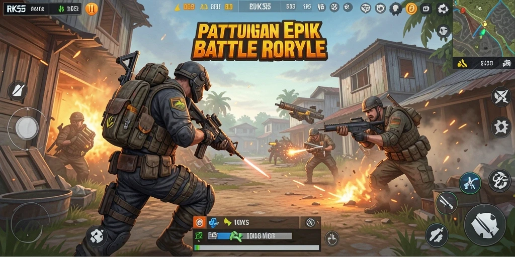 Screenshot RK55 menampilkan gameplay Battle Royale yang mendebarkan dan penuh aksi.