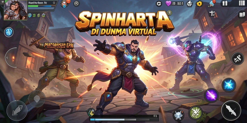 Gameplay SPINHARTA yang mendebarkan di arena pertarungan.