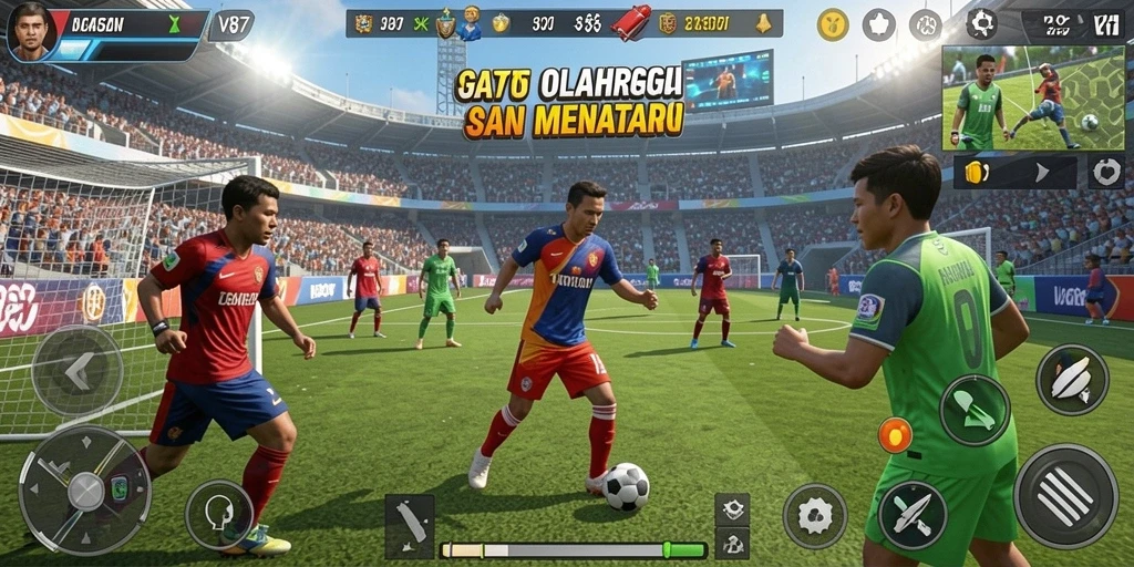 Screenshot V87 menampilkan serunya gameplay olahraga yang mendebarkan.